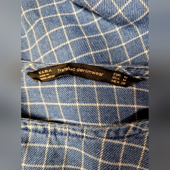 Zara Trafaluc Lightweight Denimwear M Long Sleeve Blue White Checkered Gingham - Picture 4 of 6